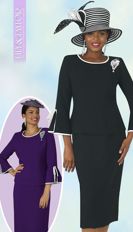 Lily And Taylor 4263-BL ( 2pc Peach Skin Womans Church Suit With Rhinestone Brooch ) - Hat