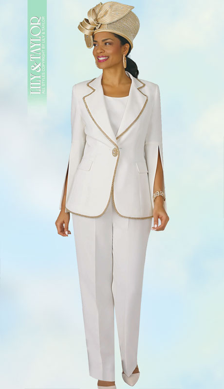 Lily And Taylor 4372-IV ( 3pc Peach Skin Womans Pant Suit With Jacket And Gold Trim ) - Hat