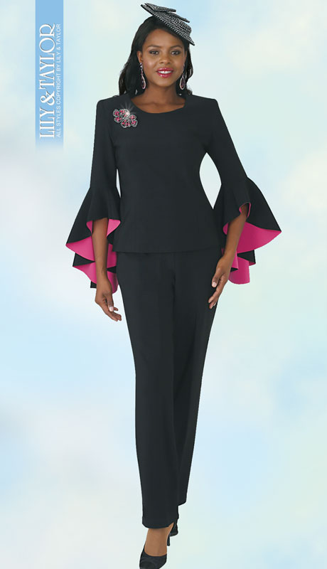 Lily And Taylor 4381-BL ( 2pc Ladies Knit Church Pant Suit With Colored Interior Bell Sleeves ) - Hat