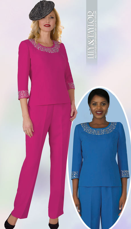 Lily And Taylor 4377-FU ( 2pc Peach Skin Womans Pant Suit With Rhinestone Trim ) - Hat