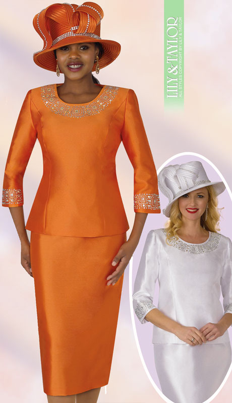 Lily And Taylor 3219-OR ( 2pc First Lady Silk Suit With Rhinestone Trim ) - Hat