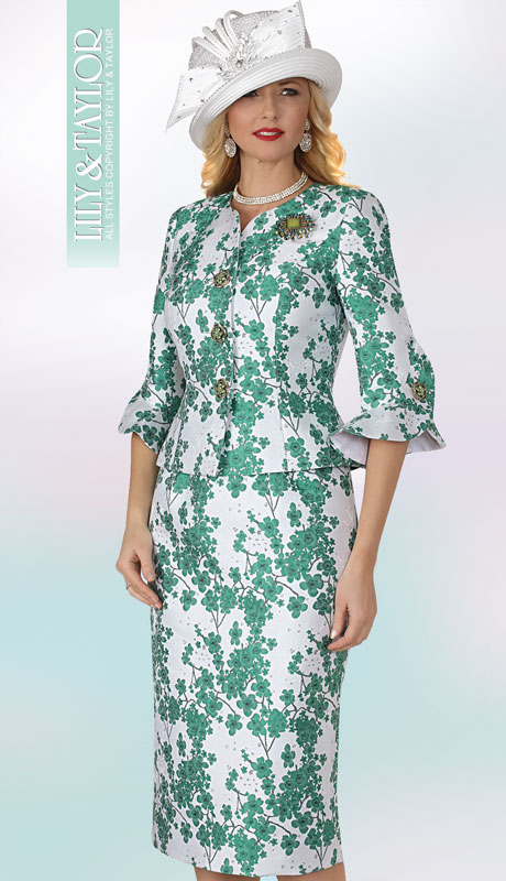 Lily And Taylor 4371-GW ( 2pc Novelty Womans Church Suit With Jacket And Flared Sleeves, Jeweled Buttons And Brooch ) - Hat