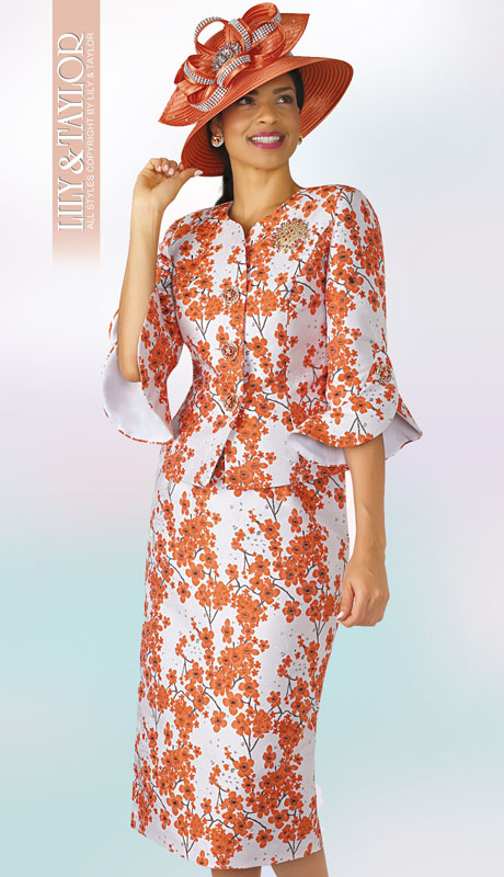 Lily And Taylor 4371-OR ( 2pc Novelty Womans Church Suit With Jacket And Flared Sleeves, Jeweled Buttons And Brooch ) - Hat