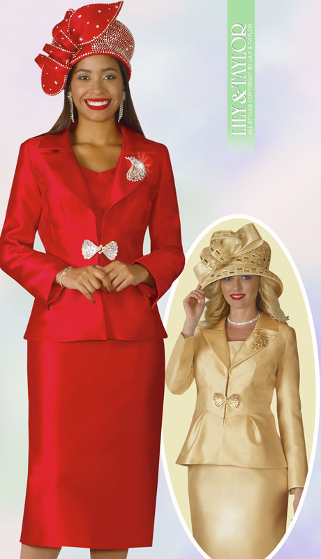Lily And Taylor 4177-RE ( 3pc Silk First Lady Suit With Brooch And Notch Lapel ) - Hat