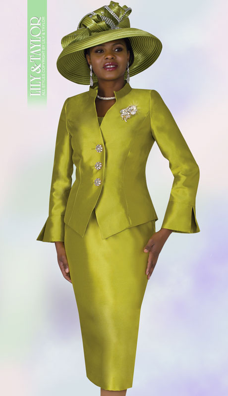 Lily And Taylor 4174-AP  ( 3pc Silk Womens Suit For Church With Brooch And Short Stand Up Collar ) - Hat