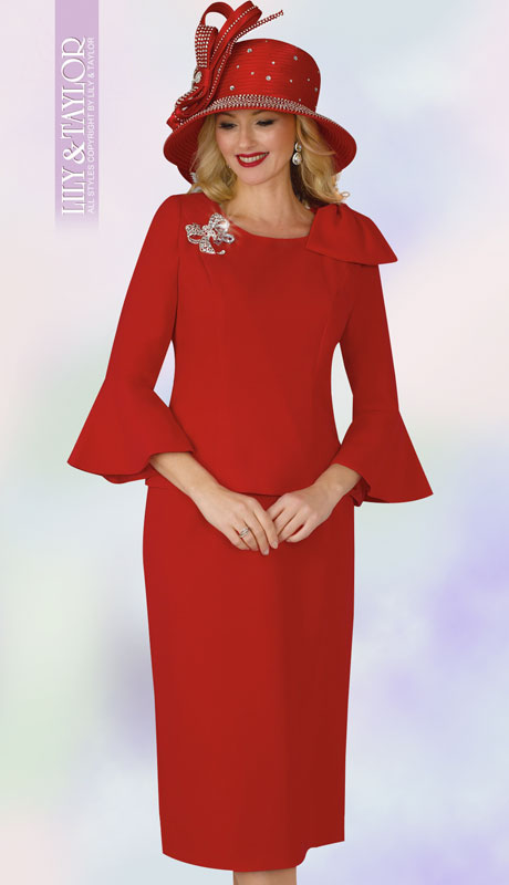 Lily And Taylor 4010-RE ( 2pc Ladies Church Suit With Bell Sleeve With Rhinestone Brooch ) - Hat