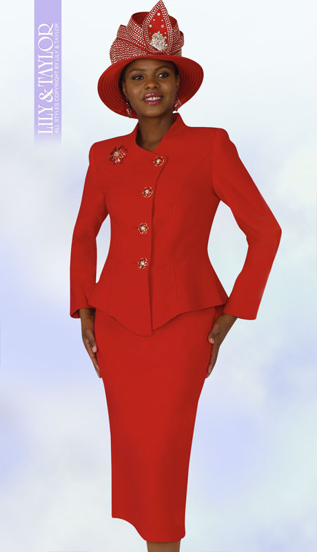 Lily And Taylor 4046-RE ( 2pc Ladies Church Suit With Rhinestone Buttons ) - Hat