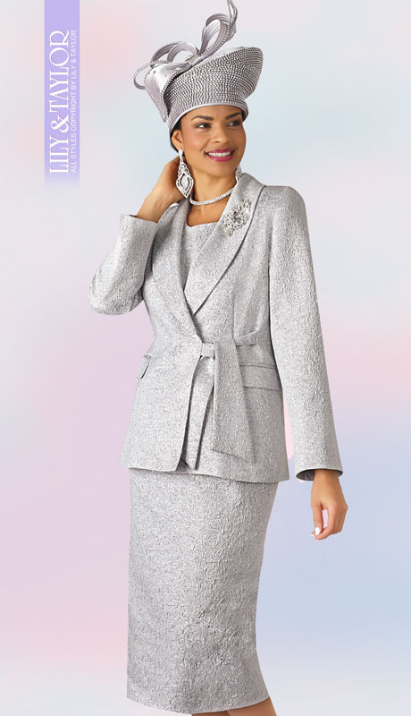 Lily And Taylor 4306-SI ( 3pc Novelty Suit For Sunday With Wrap Jacket And Tie Sash And Jeweled Brooch ) - Hat