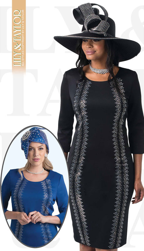 Lily And Taylor 4347-BL ( 1pc Womans Ponte Knit Church Dress With Rhinestone Pattern ) - Hat