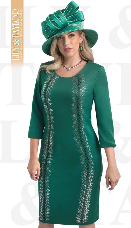 Lily And Taylor 4347-EM ( 1pc Womans Ponte Knit Church Dress With Rhinestone Pattern ) - Hat