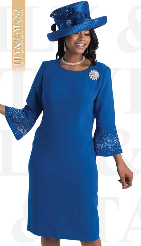 Lily And Taylor 4092-RO ( 1pc Crepe Ladies Church Dress With Flared Sleeves And Brooch ) - Hat