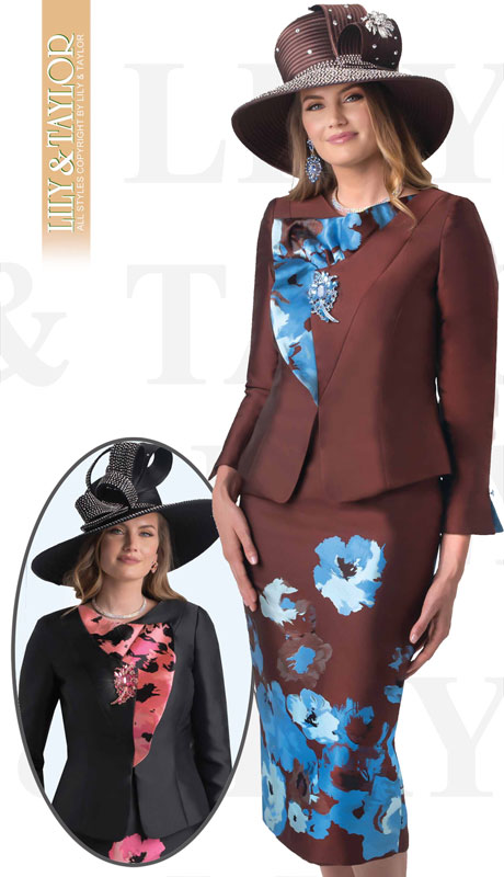 Lily And Taylor 4395-BR ( 3pc Silk Ladies Church Suit With Jeweled Brooch ) - Hat
