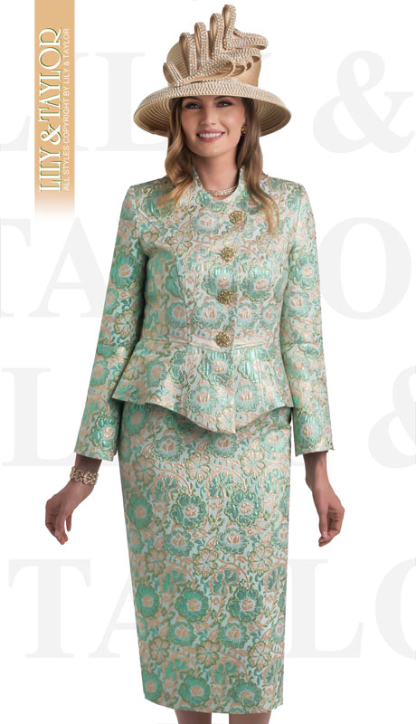 Lily And Taylor 4441-GR ( 2pc Novelty Floral Brocade Church Suit With Peplum Jacket And Offset Buttons ) - Hat