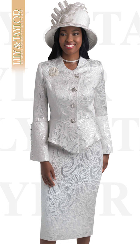 Lily And Taylor 4441-SI ( 2pc Novelty Floral Brocade Church Suit With Peplum Jacket And Offset Buttons ) - Hat