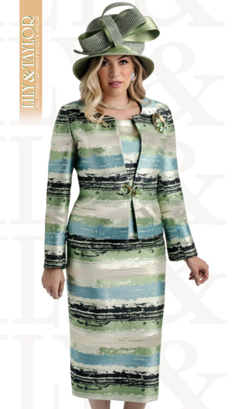 Lily And Taylor 4420-GM ( 3pc Novelty Patterned Church Suit With Large Brooch ) - Hat