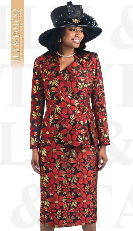 Lily And Taylor 4432-RE ( 2pc Novelty Floral Patterned Church Suit With Collarless Jack And Gem Brooch ) - Hat