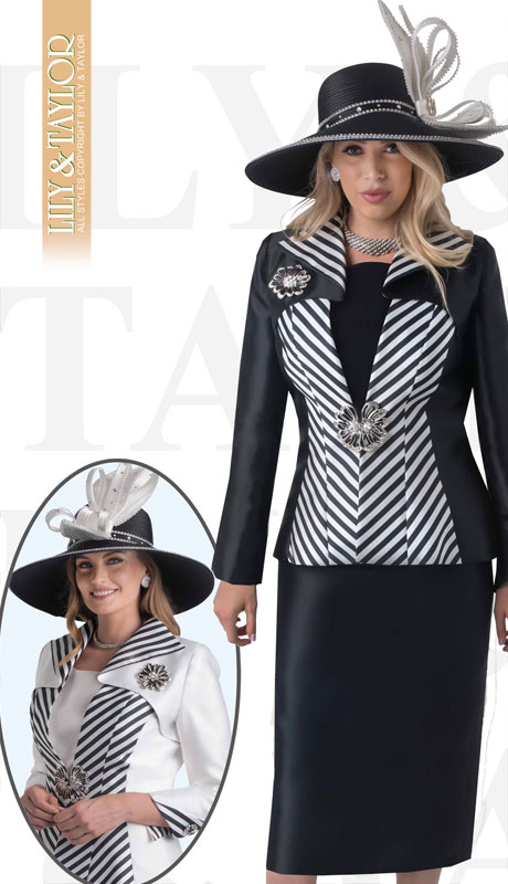 Lily And Taylor 4386-BL ( 3pc Silk Church Suit With Striped Jacket And Jeweled Brooch ) - Hat