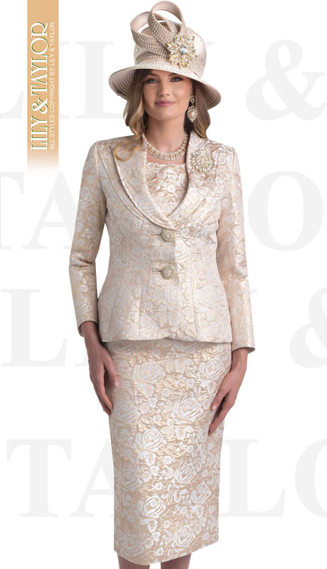 Lily And Taylor 4427-SI ( 3pc Novelty Floral Brocade Church Suit With Shawl Collar And Jeweled Brooch ) - Hat