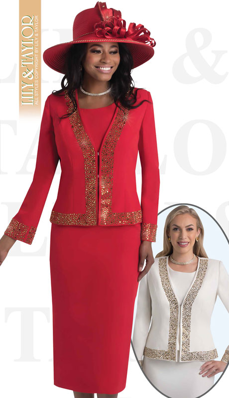 Lily & Taylor 4434-RE ( 3pc French Crepe Womans Skirt Suit With Jeweled Trim ) - Hat