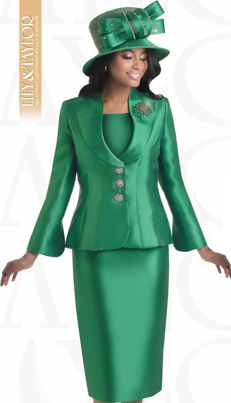 Lily And Taylor 4417-EM ( 3pc Silk Church Suit With Jeweled Buttons And Brooch ) - Hat