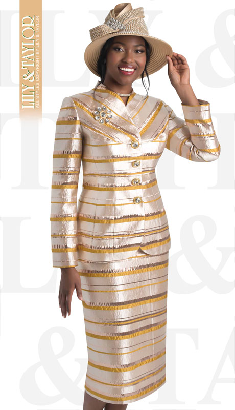 Lily And Taylor 4458-GO ( 2pc Novelty Striped Metallic Church Suit With Gem Buttons And Brooch ) - Hat