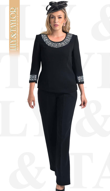 Lily And Taylor 4377-BL ( 2pc PeachSkin Womans Pant Suit With Rhinestone Trim ) - Hat