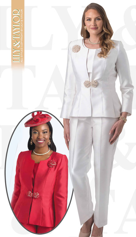 Lily And Taylor 4387-IV ( 3pc Silk Pant Suit With Pearl Clasp And Brooch ) - Hat
