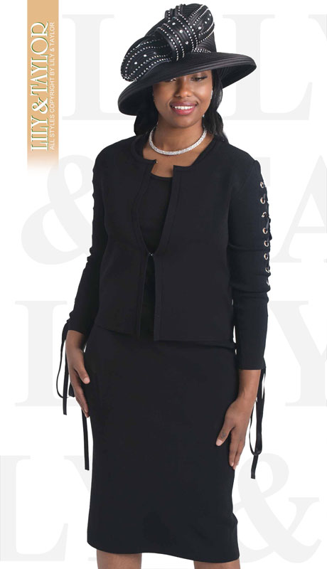 Lily And Taylor 636-BL ( 3pc Knit Ladies Sunday Suit With Lace Up Sleeves ) - Hat