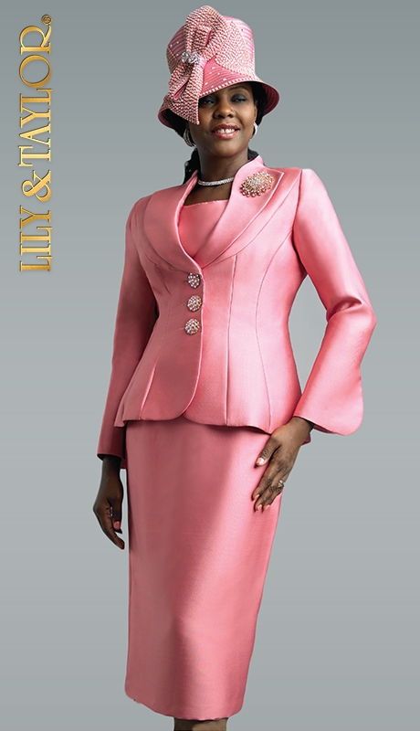 Lily And Taylor 4417-QO ( 3pc Silk Church Suit With Jeweled Buttons And Brooch )