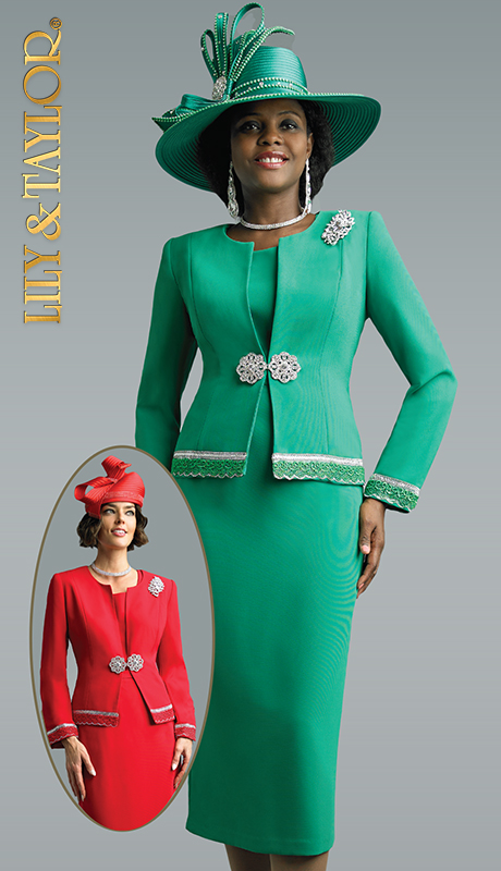 Lily And Taylor 4272-EMR ( 2pc Novelty Church Suit With Classy Lace Trim And Elegant Brooch ) - Hat