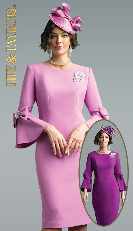 Lily And Taylor 4154 ( 1pc Novelty Womans Church Dress With Flared Sleeves Bow Trim And Jeweled Brooch ) - Hat