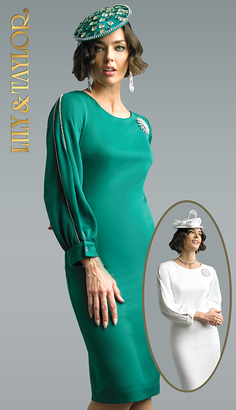 Lily And Taylor 3910 ( 1pc Scuba Knit Church Dress With Elegant Rhinestone Trimmed Split Sleeves And Brooch ) - Hat