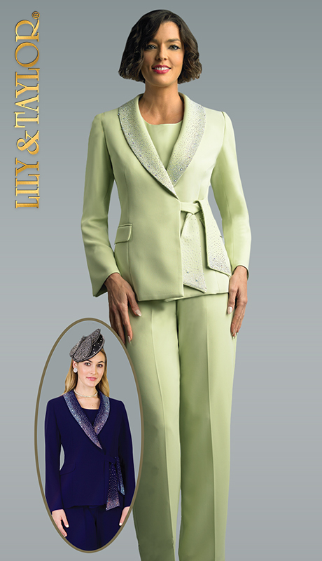 Lily And Taylor 4373-OLI-QS ( 3pc Ladies PeachSkin Pant Suit With Rhinestone Collar And Trim )
