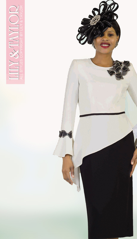 Lily And Taylor 4379 ( 2pc PeachSkin Womens Sunday Suit With Asymmetrical Top And Ornate Embellishments )-Hat