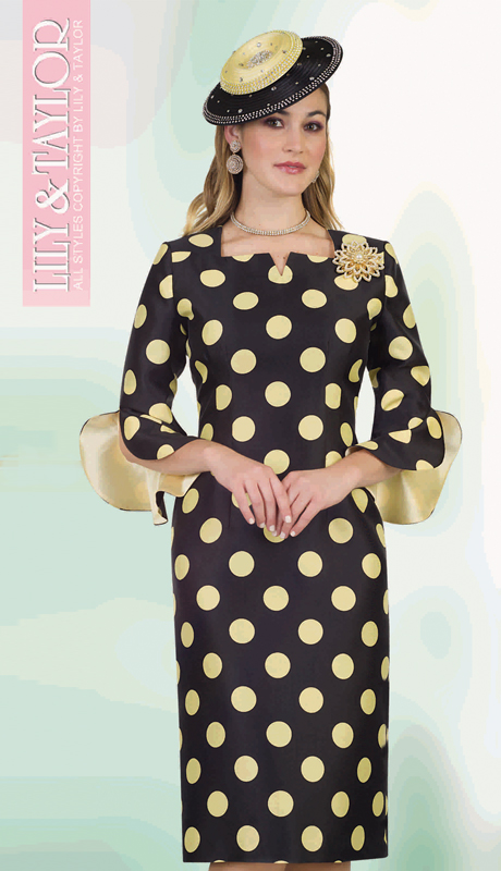 Lily And Taylor 4546 ( 1pc Silk Ladies Church Dress With Beautiful Two Tone Sleeves And Polka Dot Pattern )-Hat