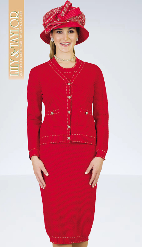 Lily And Taylor 635-IV ( 3pc Ladies Knit Church Suit With Stitched Trim ) - Hat