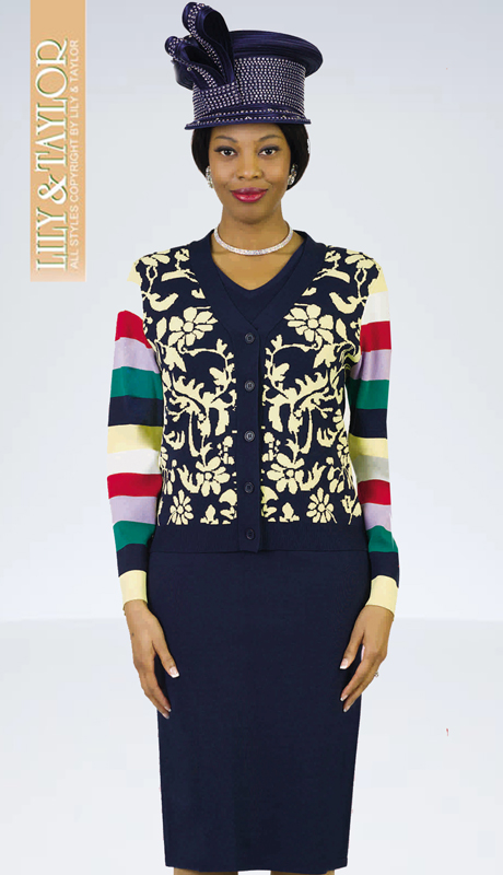 Lily And Taylor 656-NM ( 3pc Knit Womans Church Suit With Mixed Pattern And Stripes )-Hat