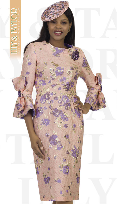 Lily And Taylor 4476-LA ( 1pc Novelty Womens Church Dress With Embroidery Pattern And Bow Tie Flared Sleeves )-Hat