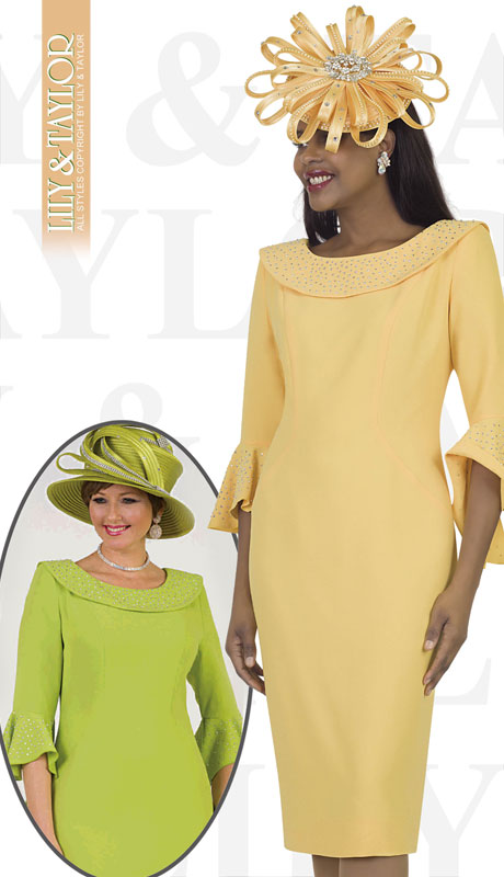 Lily And Taylor 4524-YE ( 1pc Crepe Womans Church Dress With Tulip Sleeves And Jeweled Trim )-Hat