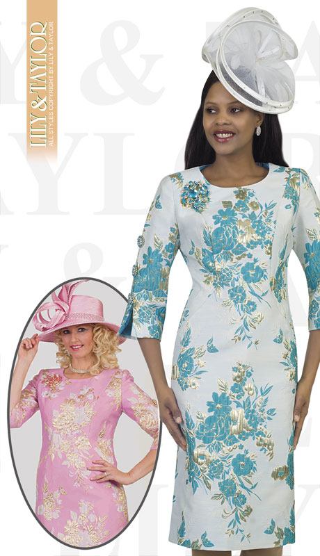 Lily And Taylor 4469-QO ( 1pc Novelty Womens Church Dress With Embroidery Pattern And Flared Sleeves )