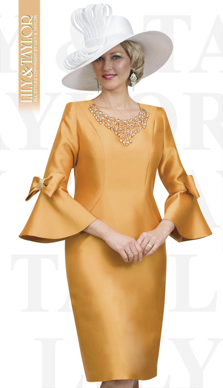 Lily And Taylor 4540-HO ( 1pc Silk Ladies Church Dress With Bow Bell Sleeves And Rhinestone Collar )-Hat