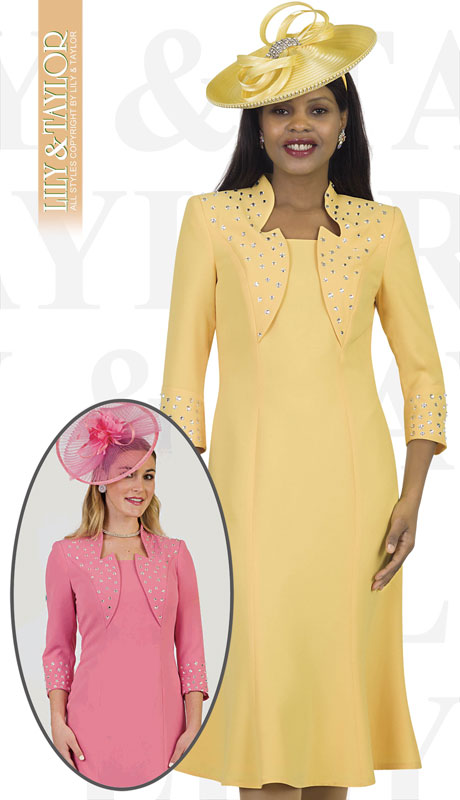 Lily And Taylor 4502-YE ( 1pc Crepe Womans Church Dress With  Jeweled Trim Sleeves And Collar )-Hat