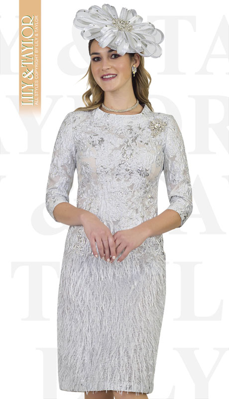 Lily And Taylor 4482-WH ( 1pc Ladies Novelty Church Dress With Lace And Feathery Trim )-Hat