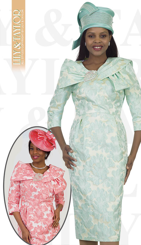 Lily And Taylor 4494-MI ( 1pc Novelty Church Dress With Draped Shoulder Accent And Jeweled Brooch )-Hat