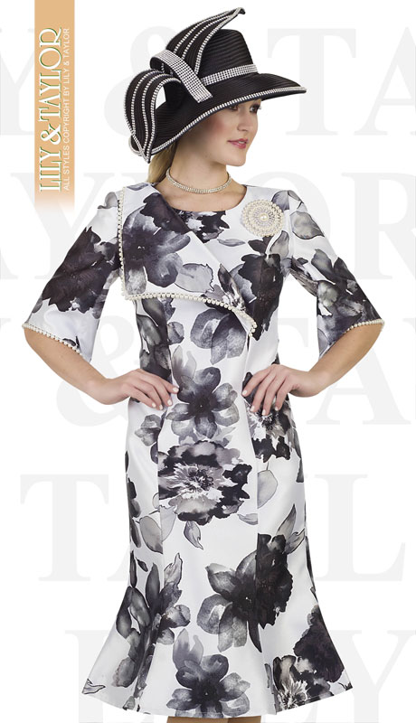 Lily And Taylor 4521-BL ( 1pc Silk Novelty Ladies Church Dress With Pearl Trim And Brooch )-Hat