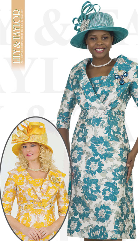 Lily And Taylor 4550-TE ( 1pc Novelty Church Dress With Draped Shoulder Accent And Jeweled Brooch )-Hat