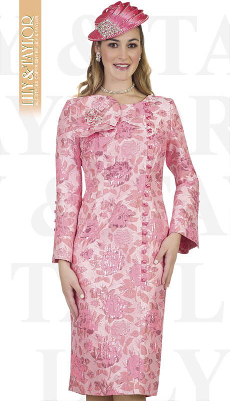 Lily And Taylor 4486-RO ( 1pc Novelty Brocade Patterened Womens Church Dress With Bow And Brooch )-Hat