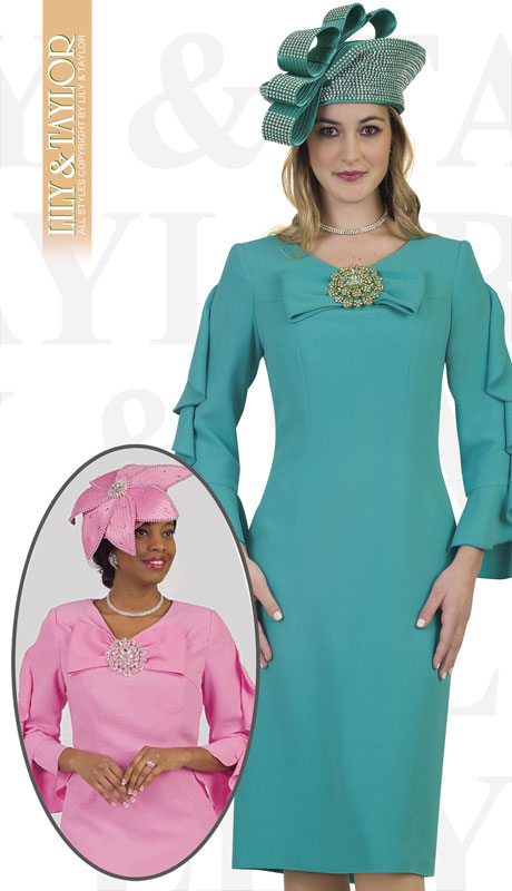 Lily And Taylor 4461-TE ( 1pc Crepe Womans Church Dress With Flared Sleeves, Bow And Jeweled Brooch )-Hat