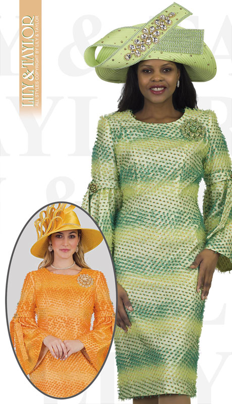 Lily And Taylor 4526-GR ( 1pc Novelty Womans Church Dress With Flared Sleeves, Bow Sleeves And Jeweled Brooch )-Hat