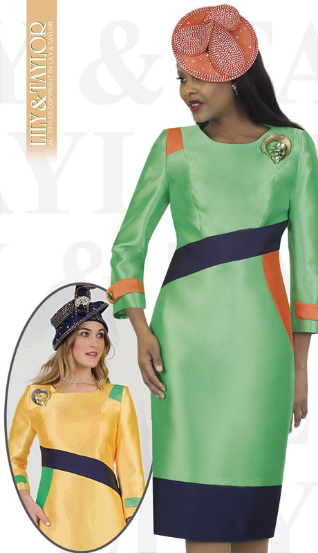 Lily And Taylor 4489-PG ( 1pc Novelty Block Dress With Stripes And Jeweled Brooch )-Hat